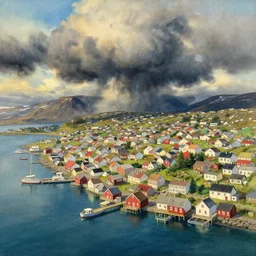a beautiful painting of a icelandic fishing village, storm clouds gathering over the town, by studio ghibli 8 k pastel colours, isometric drone shot smeared watercolours, golden light film grain