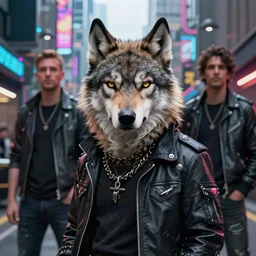 beautiful furry art portrait commission of a furry anthro wolf fursona wearing punk clothes in the streets of a cyberpunk city. character design by charlie bowater, ross tran, rick griffin, miles df