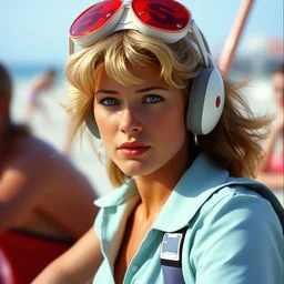 a film still of a a woman called tracer from overwatch in baywatch 1 9 8 9