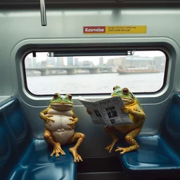 a photograph of the inside of a subway train. there are frogs sitting on the seats. one of them is reading a newspaper. the window shows the river in the background.