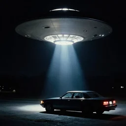 a photograph of a UFO shining it’s light down on a car at night by Gregory Crewdson