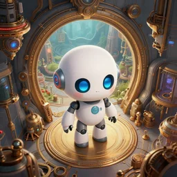 a cute robot figure, bird's eye view, portal to a futuristic steampunk world, extremely detailed, sharp focus, wide view, full body shot, smooth, digital illustration, by, james jean, by rossdraws, frank franzzeta, sakimichan, mcbess, aphonse mucha