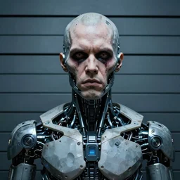 mugshot photo of an ugly criminal, cyborg, (((high tech, cyberpunk))), ((very coherent symmetrical artwork, cinematic, hyper realism, high detail, 8k))