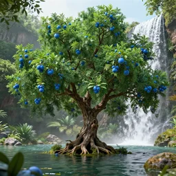 low angle shot of a lush tree in a pond with blue fruits and a waterfall in the background, by james gurney, concept art, intricate, hyper detailed, volumetric lighting, sharp focus, octane render, trending on artstation, 8 k