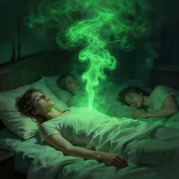 laying in bed at night, green smoke!!!!! surreal concept art, lifelike, photorealistic, digital painting, aesthetic, smooth, sharp focus, artstation hd, by greg rutkowski, bruce pennington, valentina remenar, rhads, asher duran,