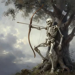 Death is swallowed up in victory, artwork by artgerm, Long Bow and arrows, perched in a tree, full body shot, DD, fantasy, highly detailed, digital painting, artstation, smooth, sharp focus, art by thomas kinkade and Stephan Martiniere and Kevin Swartz