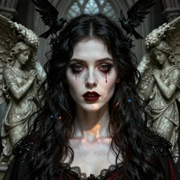 beautiful very extreme closeup portrait, gothic girl, goth, vampire, birds, weeping angels, angel of grief, stone statues, beautiful woman body, unreal engine, greg rutkowski, loish, rhads, beeple, tom bagshaw, alphonse mucha, global illumination, detailed and intricate environment