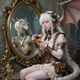 a young adult albino steampunk girl sitting besides an ornate mirror holding a cup of tea, a albino dragon in the background, fantasy book cover art