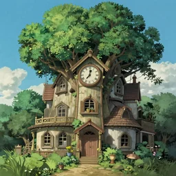 a clockpunk house with a lot of trees on top of it, a detailed matte painting by hayao miyazaki, cgsociety, magical realism, anime aesthetic, anime, matte painting