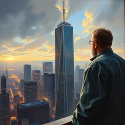 portrait of alex jones looking over the world trade center towers, an oil painting by ross tran and thomas kincade