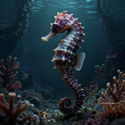 monstrous seahorse leviathan living in a deep, dark coral reef. style of subnautica. video game concept art. photorealistic. unreal engine. 4 k. horror.