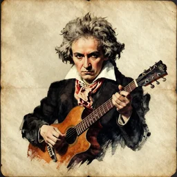 beethoven. he's playing a rock music. oil paper on weathered paper