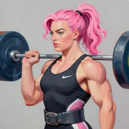 greg manchess portrait of margot robbie as thick muscular weightlifter zarya from overwatch with ponytail and curly pink hair, medium shot, asymmetrical, profile picture, organic painting, sunny day, matte painting, bold shapes, hard edges, street art, trending on artstation, by huang guangjian and gil elvgren and sachin teng