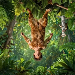 an upside down jungle with animals that are the right way up