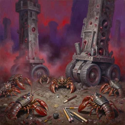 fine art oil painting pencils varied muck jeweled, filthy rugated, individual, armored crustaceans clawing & terrified as massive brutalist structures, claustrophobic cilia sporing pox, final battle on wheels, red purple fog, by alex nino by francesco blanc, geof darrow, bisley, b wolverton & by jack gaughan high resolution, hyper