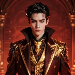 kim taehyung as a vampire. wearing intricate styled suit, semi realism, anime realism, symmetrical face, slim face, appealing, photorealism, uhd, amazing depth, glowing, golden ratio, sakimichan, greg rutowski, volumetric lighting, cinematic lighting, red orange lighting, artstation concept art