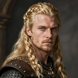handsome Viking king with long, braided blond hair with determined expression and slit pupils in birdlike eyes, by Greg Rutkowski, Brom, and Alphonse Mucha
