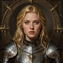 head-on centered symmetrical painted portrait, Elisha Cuthbert as a paladin, blonde hair, old plate armour, dramatic lighting, intricate, fantasy, intricate, elegant, highly detailed, digital painting, smooth, sharp focus, illustration, dramatic lighting, artstation, in the style of Artgerm and Anna Podedworna