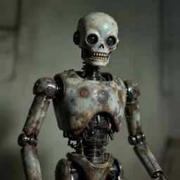 a creepy unsettling robot created in 1950. scary teeth, uncanny valley