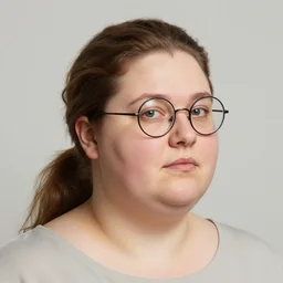 portrait of a middle - aged woman, chubby, brown hair, ponytail ponytail, round asymmetrical face, small nose, thin lips, wearing round glasses, round frames, art by artgerm and by greg rutkowski