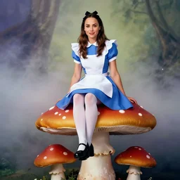 annie leibovitz photoshoot of gal gadot as alice from alice in wonderland, sitting on a giant mushroom, vibrant colors, atmospheric, mist, magical, fantasy, studio lighting, soft focus