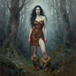 highly detailed expressionist oil painting savage woman, clothed in brown leather, fur boots, long hair, unwordly, beautiful, ghostly forest, by steven henderson and peter mohrbacher, oil painted