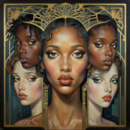 a streamline moderne, art nouveau, multi - ethnic and multi - racial portrait in the style of keith parkinson, and in the style of donato giancola, and in the style of charles dulac. intelligent, expressive, very large eyes. symmetry, ultrasharp focus, dramatic lighting, photorealistic digital painting, intricate, elegant, highly detailed, symmetrical.