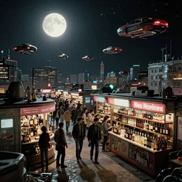 queue to a liquor store in a Russian cyberpunk slum city called Neo Norilsk on the Moon, at night, lots of flying cars, diverse, lively, black sky full of stars, blinding sun, sci-fi, lots of flying cars, levitation, cyberpunk outfits, photorealistic, grainy, 35mm, intricate, very very beautiful, elegant, smooth, cinematic, Unreal Engine 5, by Beeple, trending on Artstation HD