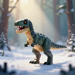 an isometric pixel art of chronic dinosaur t - rex toy in the sunshine winter forest, foggy bottom, god rays, ultrasharp, detailed, cinematic