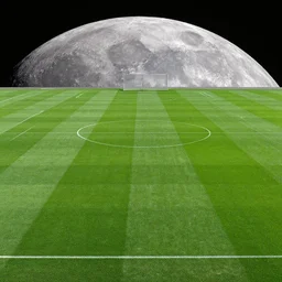 a photography of a green football pitch on the moon, extreme long shot, realistic