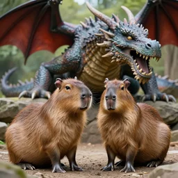 two animals : a capybara and a huge dragon, many details, high quality, 8 k