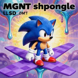 sonic mascot made of surreal airbrush art of MGMT shpongle album cover of a liquid dissolving LSD DMT blue sonic the hedgehog on a flat purple checkerboard plane, 1990s 1992 prerendered graphics phong shaded album cover