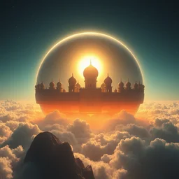 futuristic technologically advanced persian solarpunk planet, highly detailed, temples on the clouds, one massive perfect sphere, bright sun magic hour, digital painting, solid cube of light, hard edges, artstation, concept art, sharp focus, illustration, 8 k highly detailed, ray - traced
