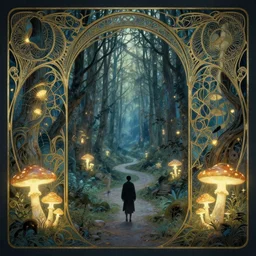 enchanted forest, intricate design, elegant, magical, art nouveau, environment art, film still, glowing mushrooms, trails, art by art by artgerm and greg rutkowski and ruan jia and peter polach