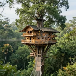 a vast treehouse city built in an ancient forest, rope bridges, 8 k, shallow depth of field, intricate detail,