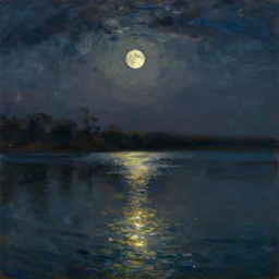 night sky reflected in the water, landscape painting by maxfield - parrish
