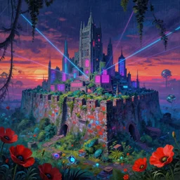a beautiful very detailed painting of building bastion city abandoned by stanley spencer, tundra thermal imaging alien retrowave anime neon signs rainforest at dawn laser uv light at dusk poppy gem, archdaily, wallpaper, highly detailed, trending on artstation.