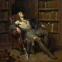 broken lord endless legends, resting the library, oil painting, by greg rutkowski