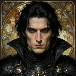 realistic detailed face portrait of a rugged ominous handsome necromancer with black hair and black leather armor by alphonse mucha, ayami kojima, amano, greg hildebrandt, and mark brooks, male, masculine, art nouveau, neo - gothic, gothic, character concept design