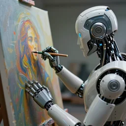 an high resolution photo of a cyberpunk automaton paiting a picture on a canvas, hyper detailed, photography, realistic art, 8 k, unreal engine, octane render, cinematic