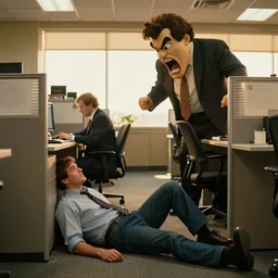 1990s candid 35mm photo of a beautiful day at the office, cinematic lighting, cinematic look, golden hour, a man is working at his cubicle when his very large and serious costumed boss yells at him, large angry mascot face screaming at working man, man is dreaming of escaping through a tunnel in the floor, UHD