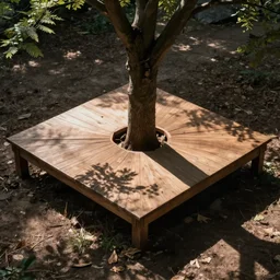 square wooden platform built around a tree, realistic, photo,