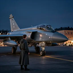 lone jedi looking down on Stockholm, night, SAAB 39 Gripen, trending on artstation, hd, octane render, HDRI, atmospheric, Volegov