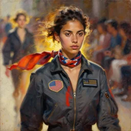 portrait in daring femininity, ethnic, determined face, flight suit and scarf, warm glow, runway bathed in light, speed, captured memory, motion impressionism, radiosity, terrazzo, pj crook, michael garmash, livia prima, nick alm, casey baugh, deep color, oil on canvas