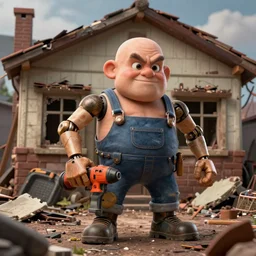 grumpy chunky bald handyman, powertool limbs, in a wrecked home, full body, hyperrealistic digital art masterpiece, highly detailed neo pop surrealism, jason limon kay sage hannah yata, dramatic lighting, low angle, uhd 8 k, sharp focus