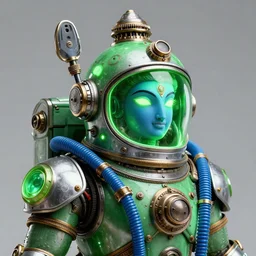 awardwinning portrait photo of a 3 steampunk vishnu, wearing a glowing green and silver metallic steampunk astronaut helmet with blue tubes and shiny metallic devices, 3 d render, crisp, 8 k, fluorescent colors, insanely integrate, nikon photography