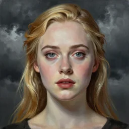 professional painting of Elle Fanning in the style of Beksinski, head and shoulders portrait, symmetrical facial features, smooth, sharp focus, illustration, intricate, stormy weather, extremely detailed masterpiece,