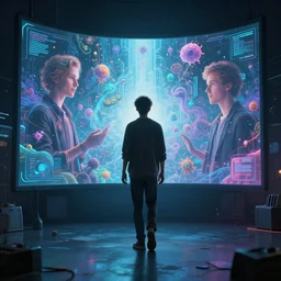 a young man steps into a comtuper screen that is opening up to a new dimension filled woth msyticals technology, 8k, artstation hd, by alex grey and thomas kinkade
