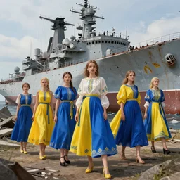 group of ukrainian girls with blue and yellow clothes near big ruined warship, concept art, trending on artstation, highly detailed, intricate, sharp focus, digital art, 8 k