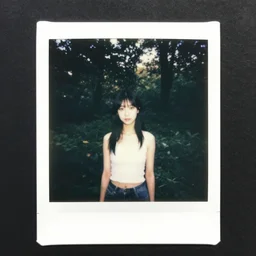 atmospheric polaroid photograph of anime girl found in forest, 3 5 mm
